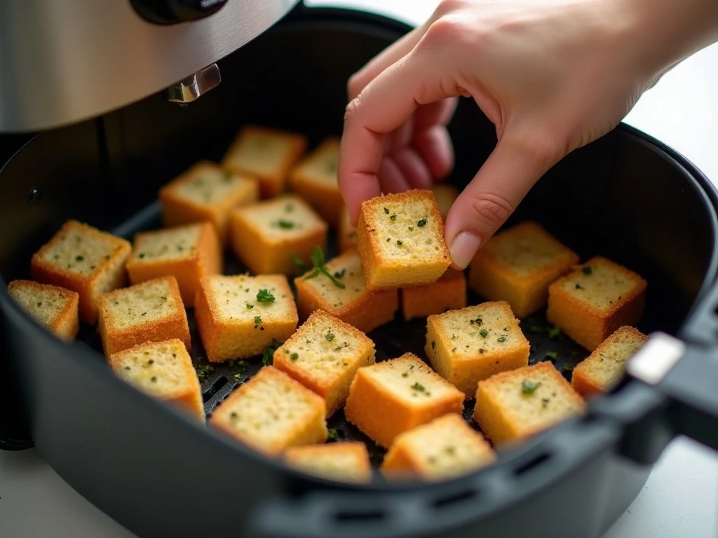Seasoned bread cubes arranged in an air fryer basket