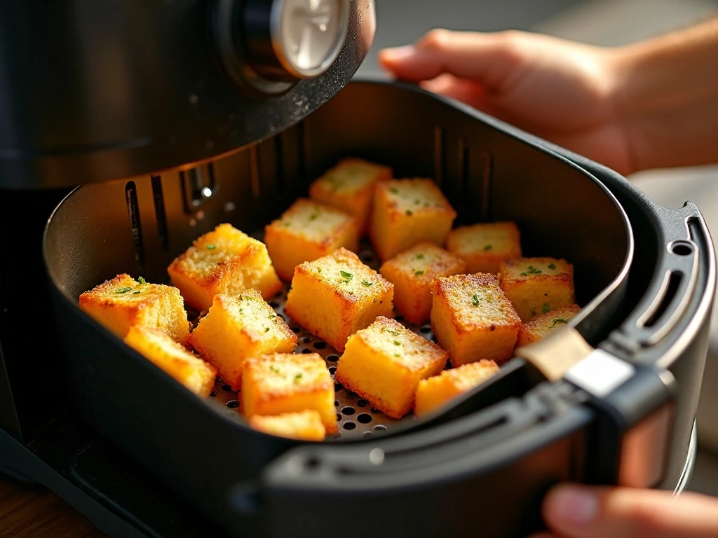 Air fryer croutons being shaken for even browning