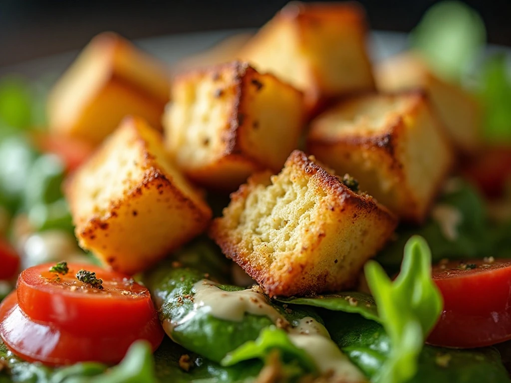 Crispy air fryer croutons topping a fresh salad