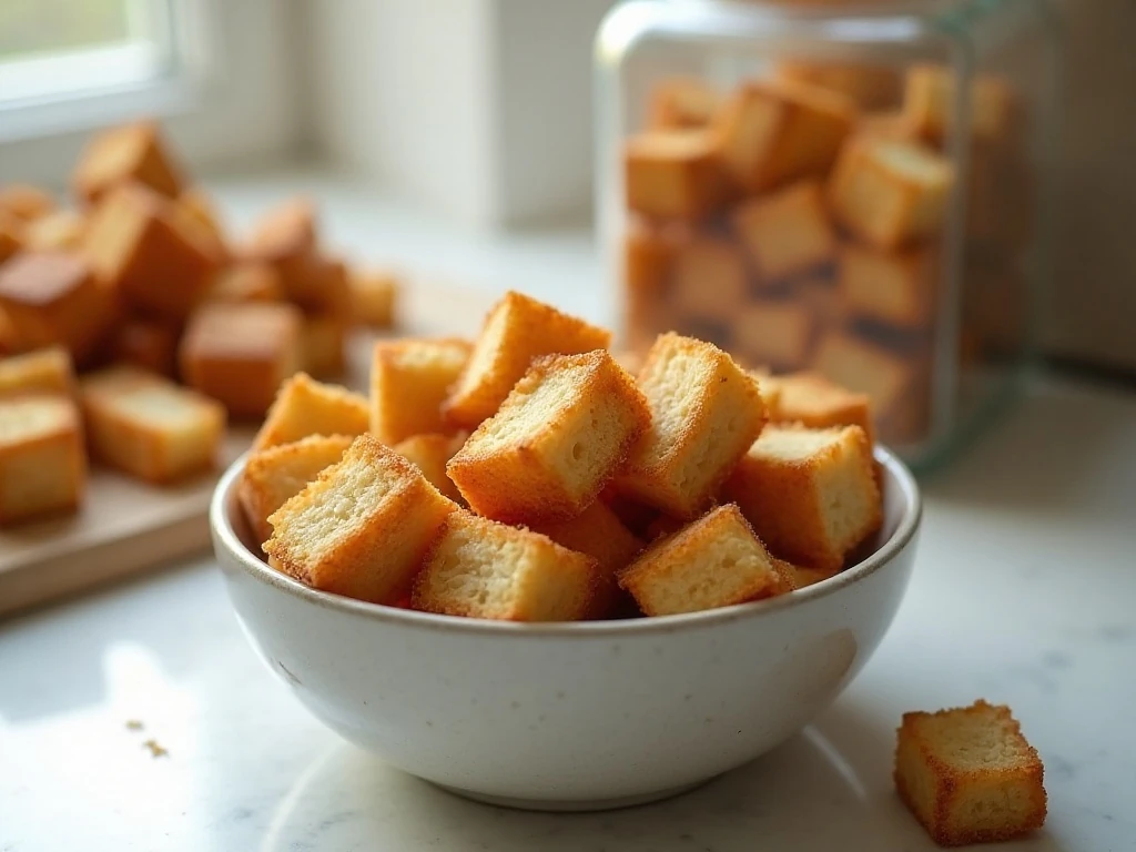 Homemade croutons ready for storage