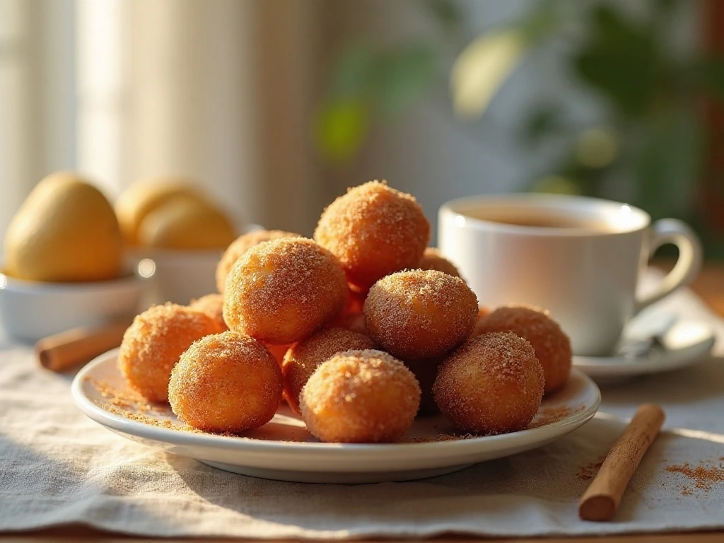 Warm cinnamon-sugar air fryer donut holes served with coffee
