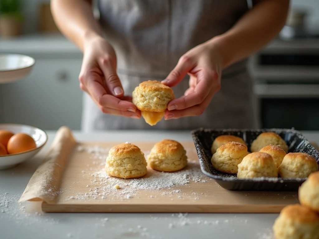 Shaping biscuit dough into donut hole balls