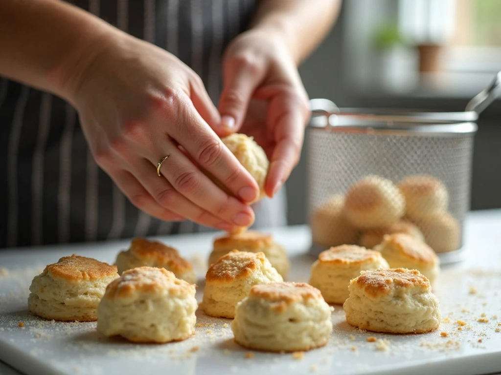 Rolling biscuit dough into balls for air fryer donut holes