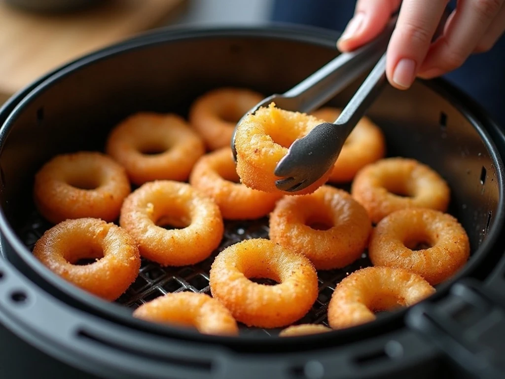 Donut holes spaced in an air fryer basket for even cooking