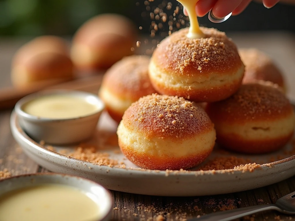 Cinnamon sugar and vanilla glaze coating options for donut holes