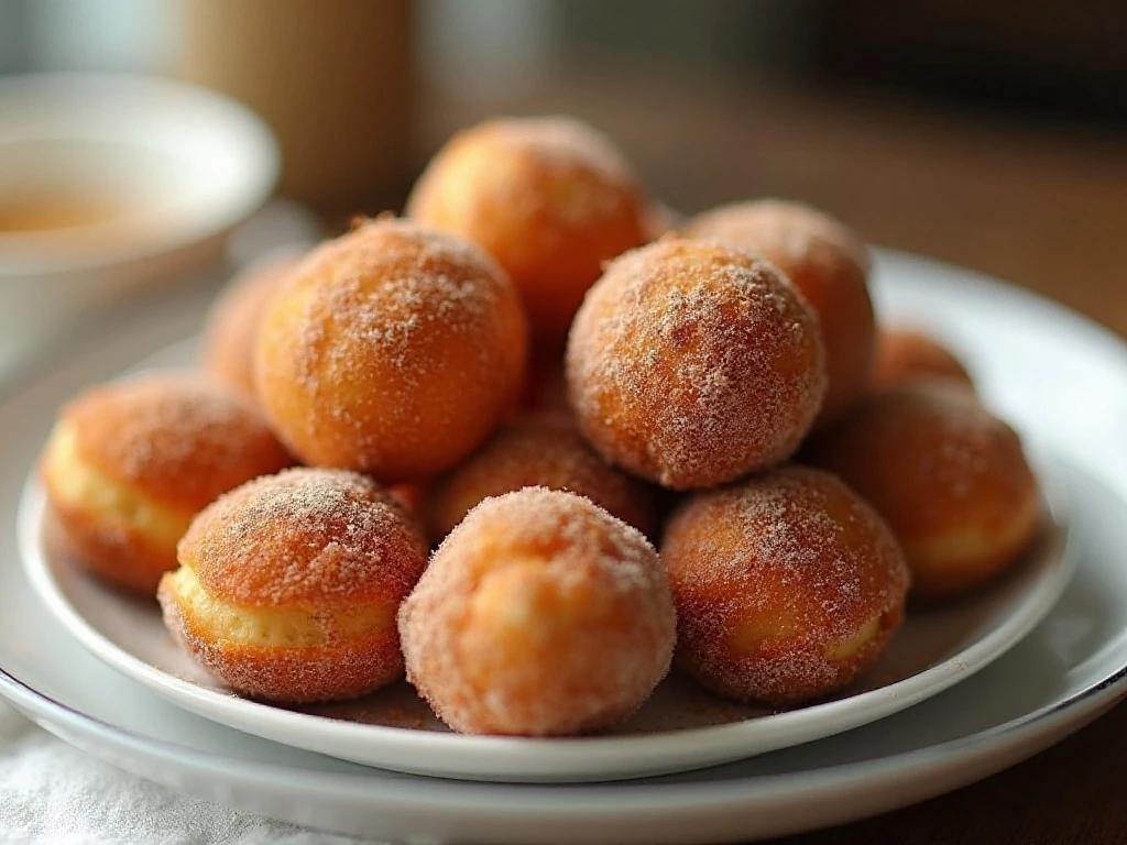 Warm cinnamon-sugar air fryer donuts and donut holes on a serving plate