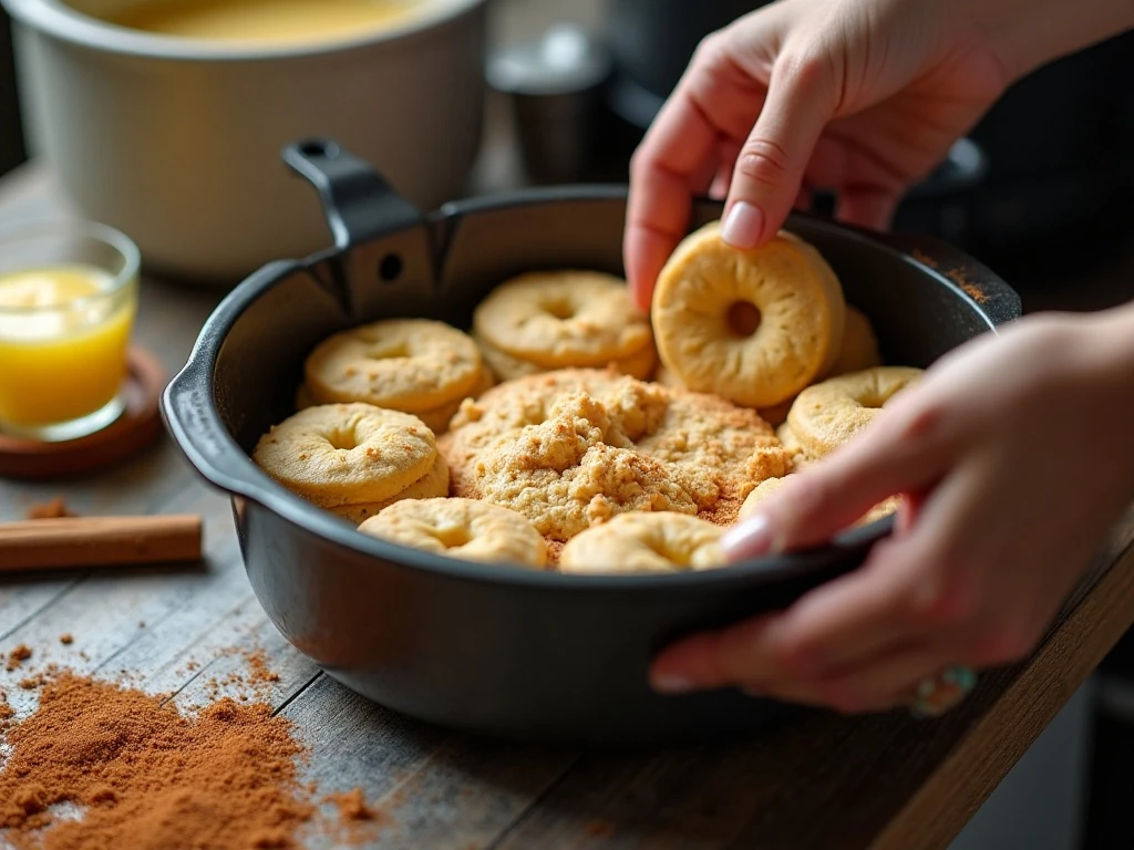 Biscuit dough donuts arranged in an air fryer basket