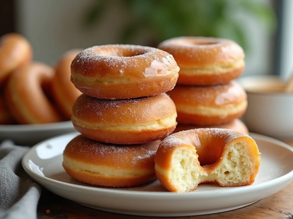Homemade air fryer donuts with soft fluffy centers and vanilla glaze