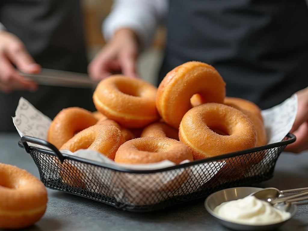 Lightly golden donuts fresh from the air fryer