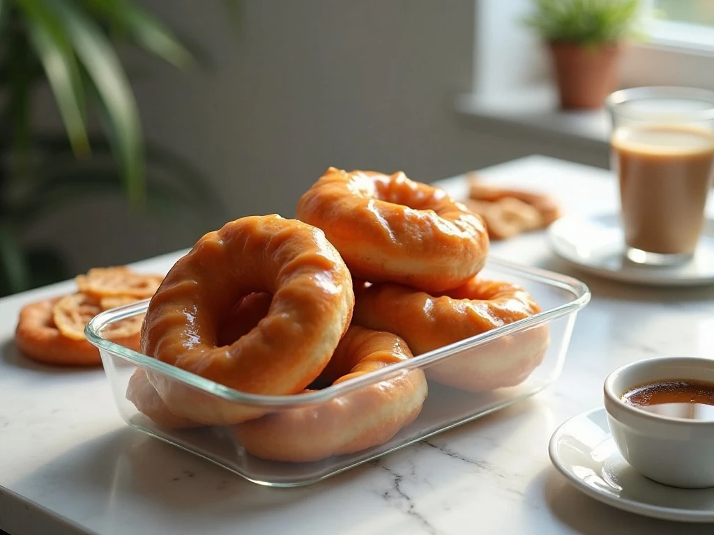 Glazed air fryer donuts stored for serving with coffee