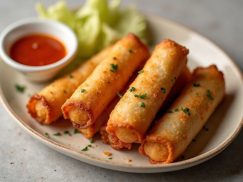 Crispy air fryer egg rolls arranged with sweet chili dipping sauce