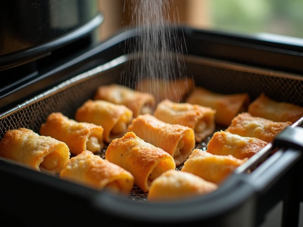 Egg rolls arranged in a single layer in an air fryer basket
