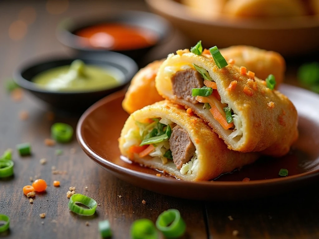 Crispy egg roll cut open with savory filling and dipping sauces