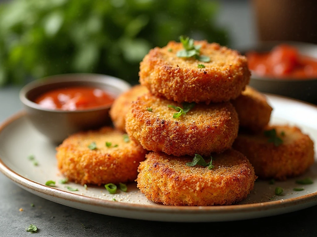 Crispy Parmesan air fryer eggplant rounds served with marinara sauce