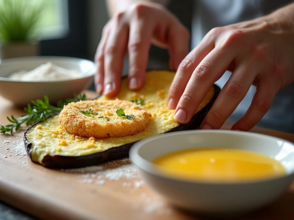Breading eggplant slices with seasoned Parmesan panko