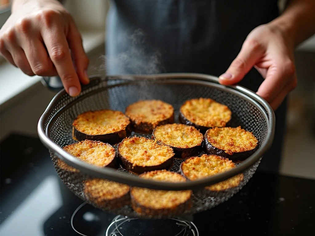 Breaded eggplant arranged in a single layer in an air fryer basket