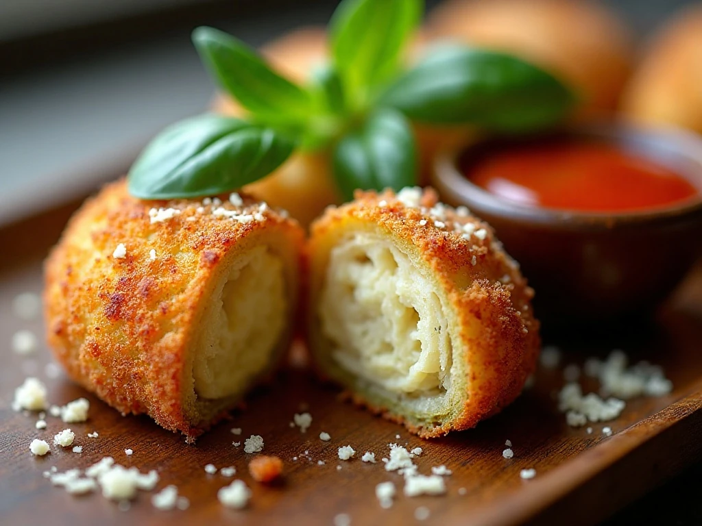 Close-up of crispy eggplant with tender center and Parmesan garnish