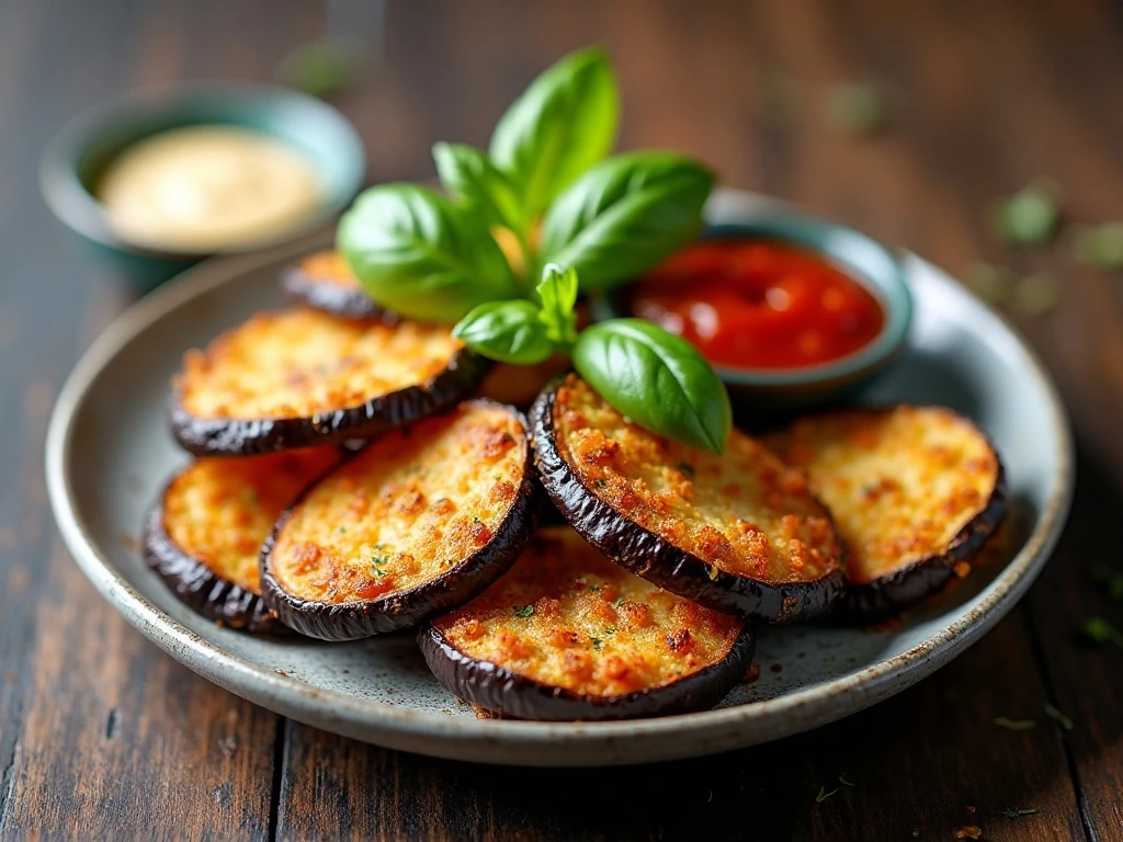 Reheated air fryer eggplant served with dipping sauces
