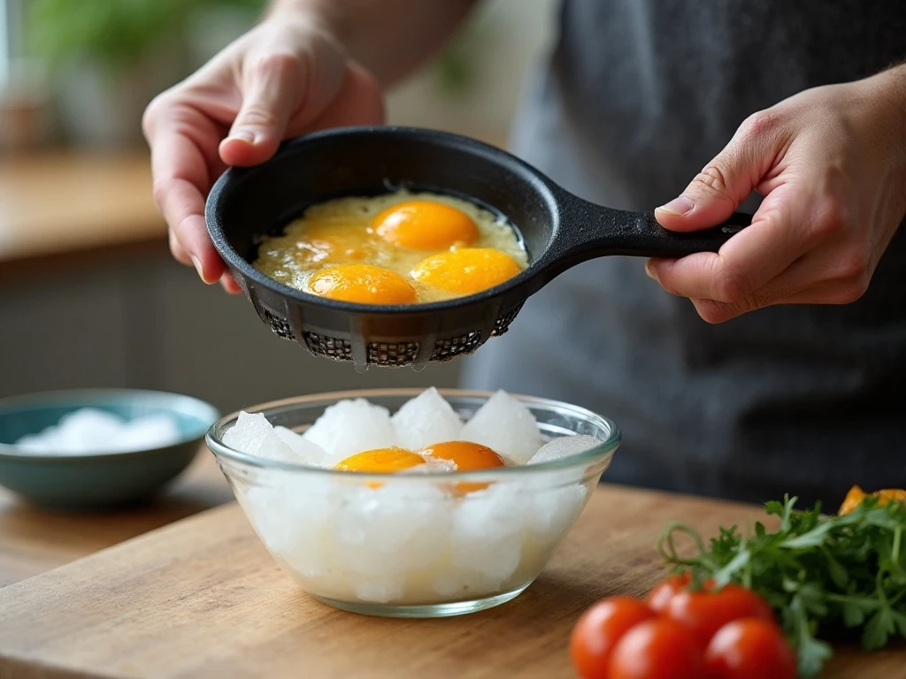 Freshly cooked eggs being placed into an ice bath