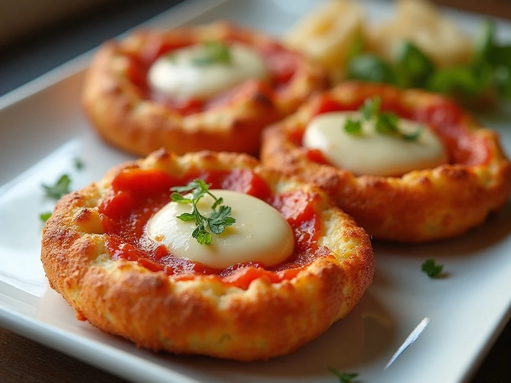 Four crispy air fryer English muffin pizzas with melted mozzarella and pepperoni