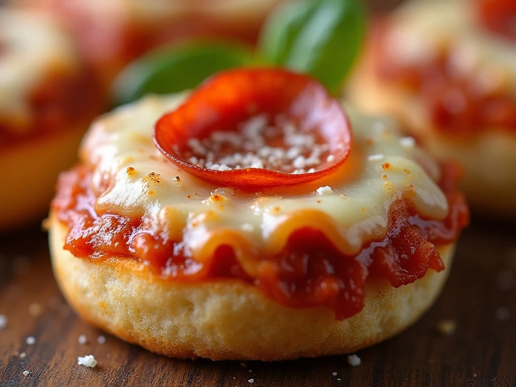Close-up of crisp edges and browned cheese on an English muffin pizza