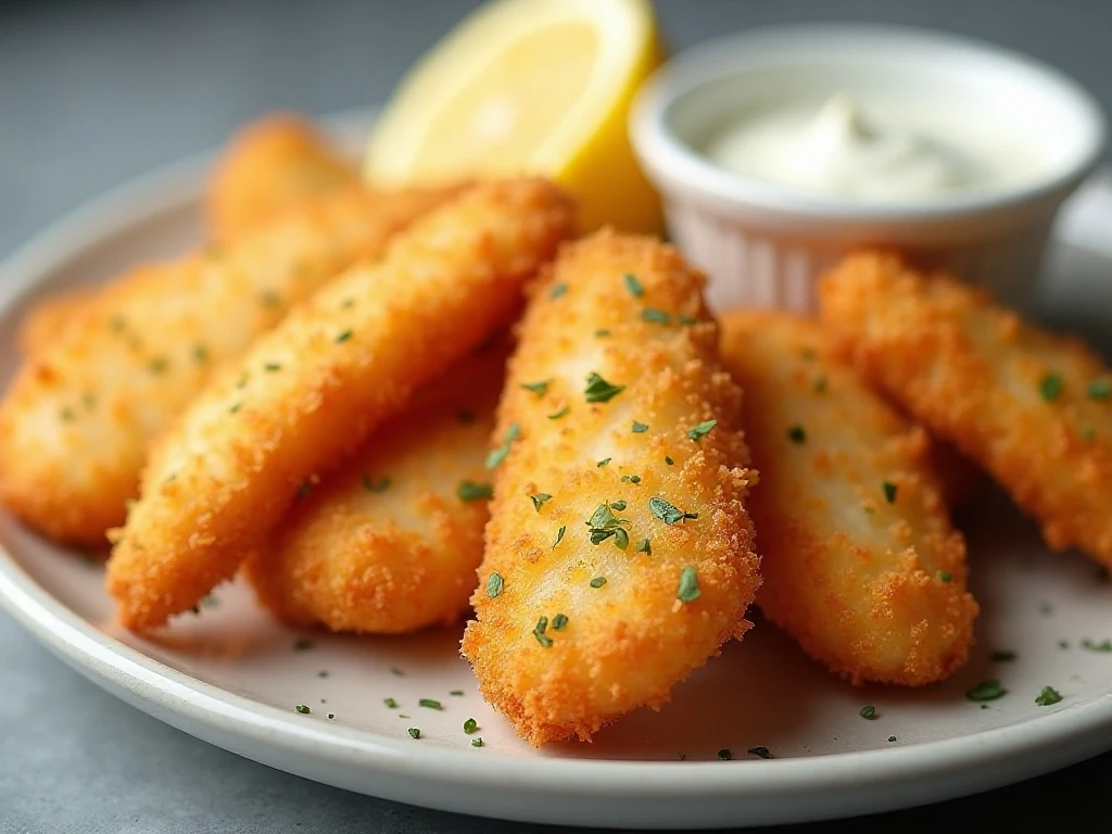 Crispy homemade air fryer fish sticks served with tartar sauce and lemon