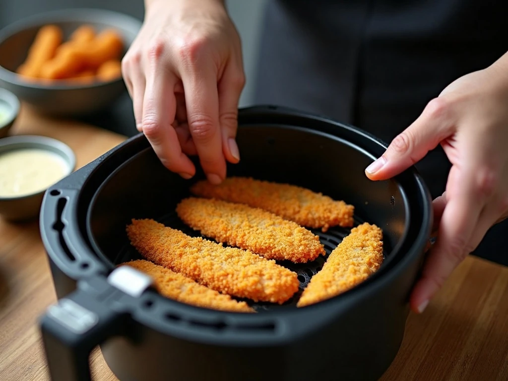 Breading and arranging fish sticks in an air fryer basket