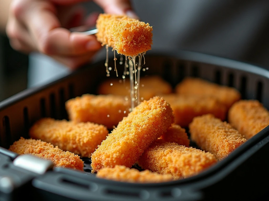 Breaded fish sticks spaced in a single layer for air frying