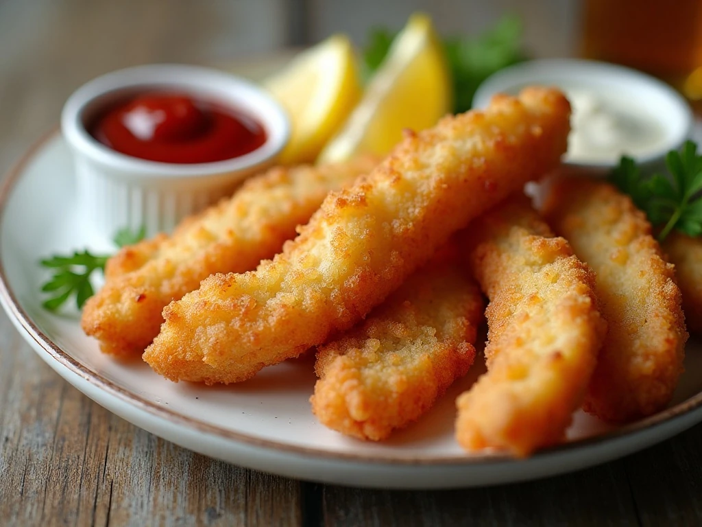 Air fryer fish sticks with dipping sauces and lemon