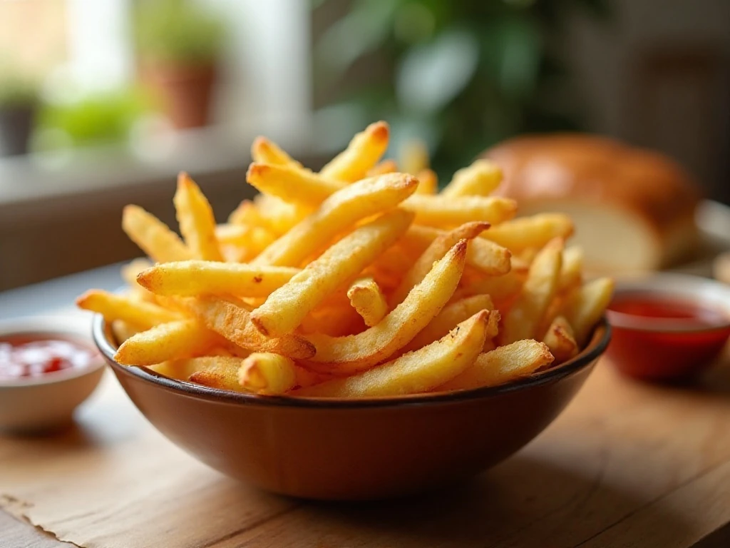 Golden crispy air fryer French fries served with ketchup