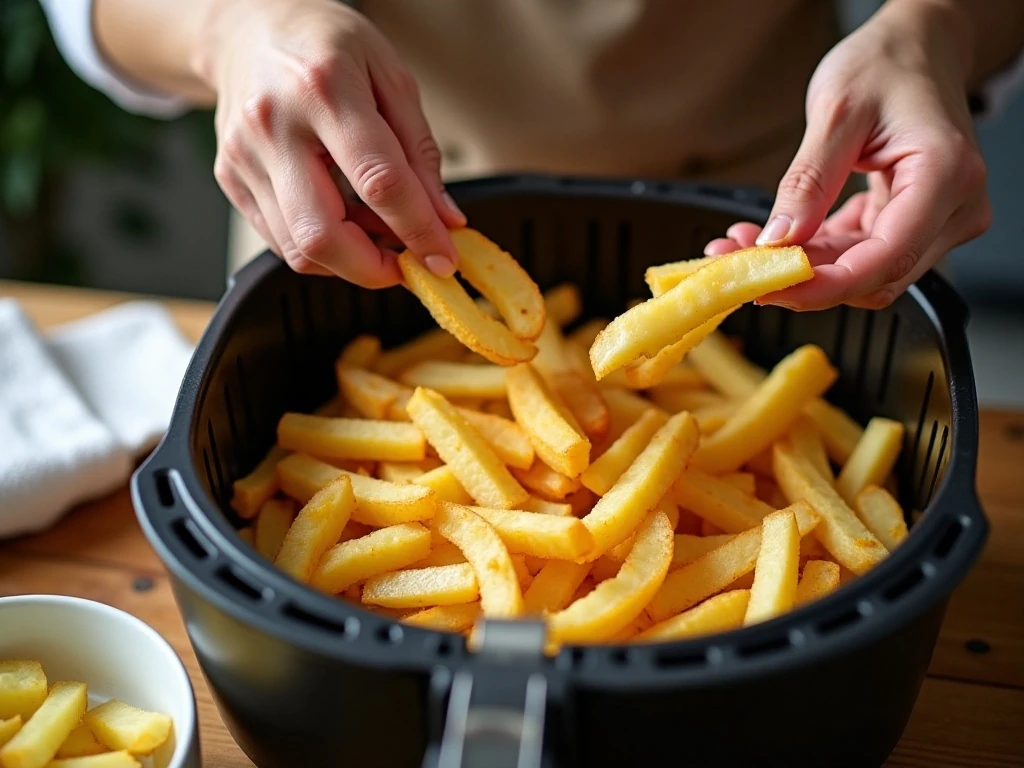 Arranging soaked potato fries in an air fryer basket