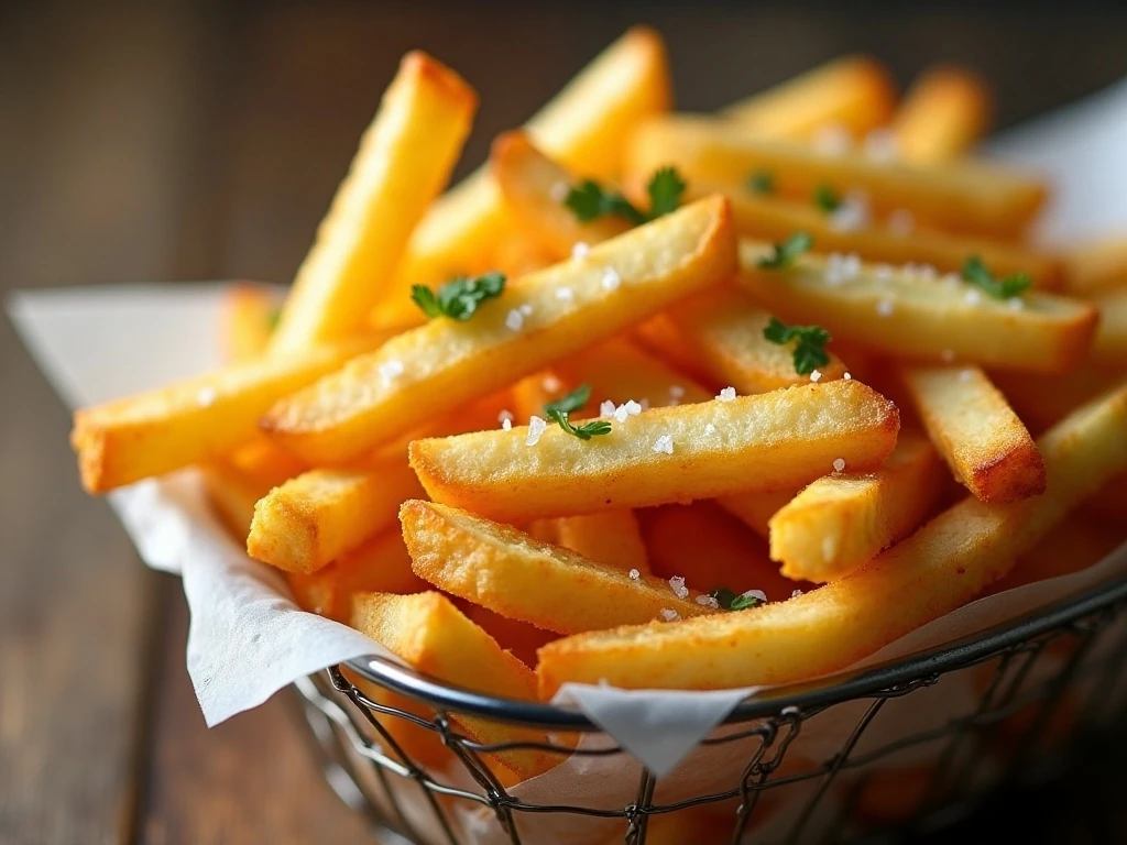 Crispy reheated air fryer French fries with a light salt garnish