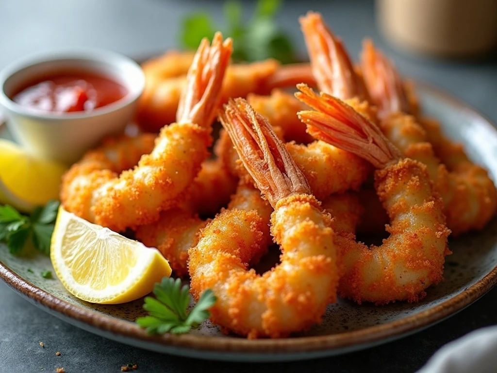 Crispy air fryer fried shrimp served with lemon wedges and cocktail sauce
