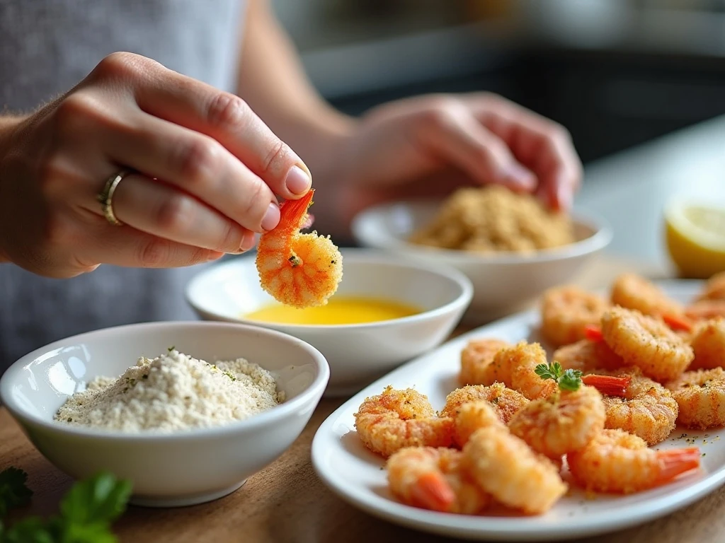 Shrimp being coated in flour, egg, and panko breadcrumbs