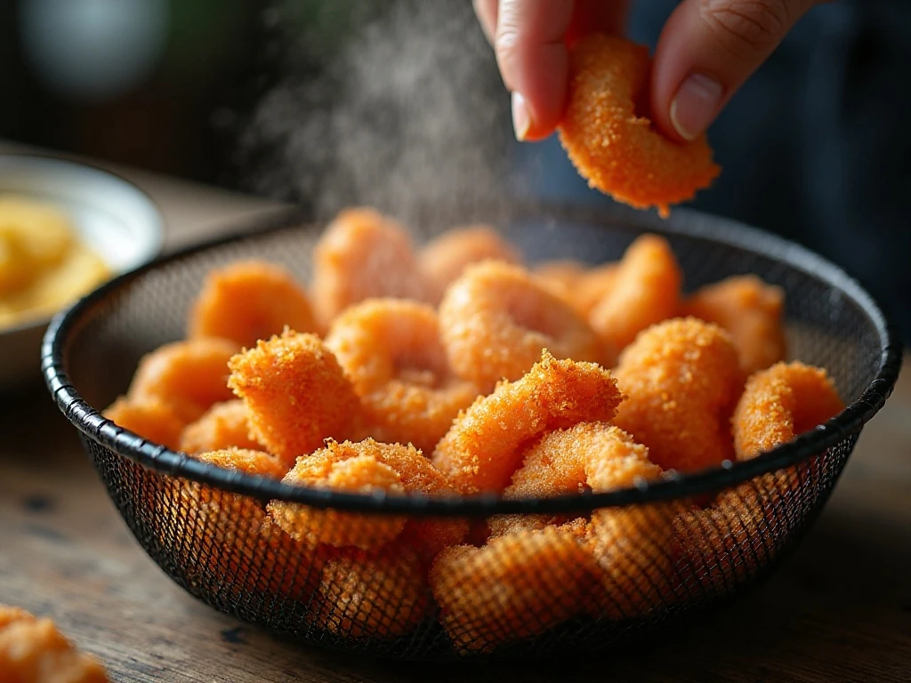 Breaded shrimp arranged in a single layer in an air fryer basket