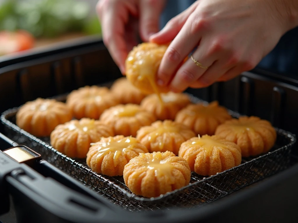 Battered Twinkies spaced in an air fryer basket
