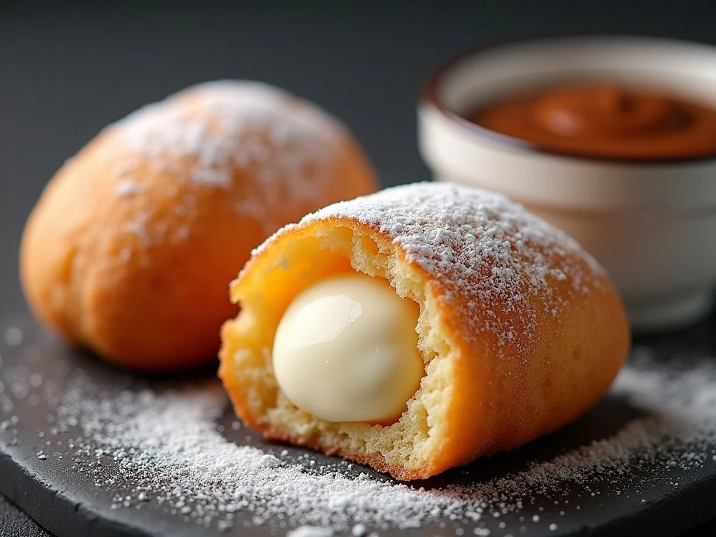Air fryer fried Twinkie dusted with powdered sugar and dessert sauces