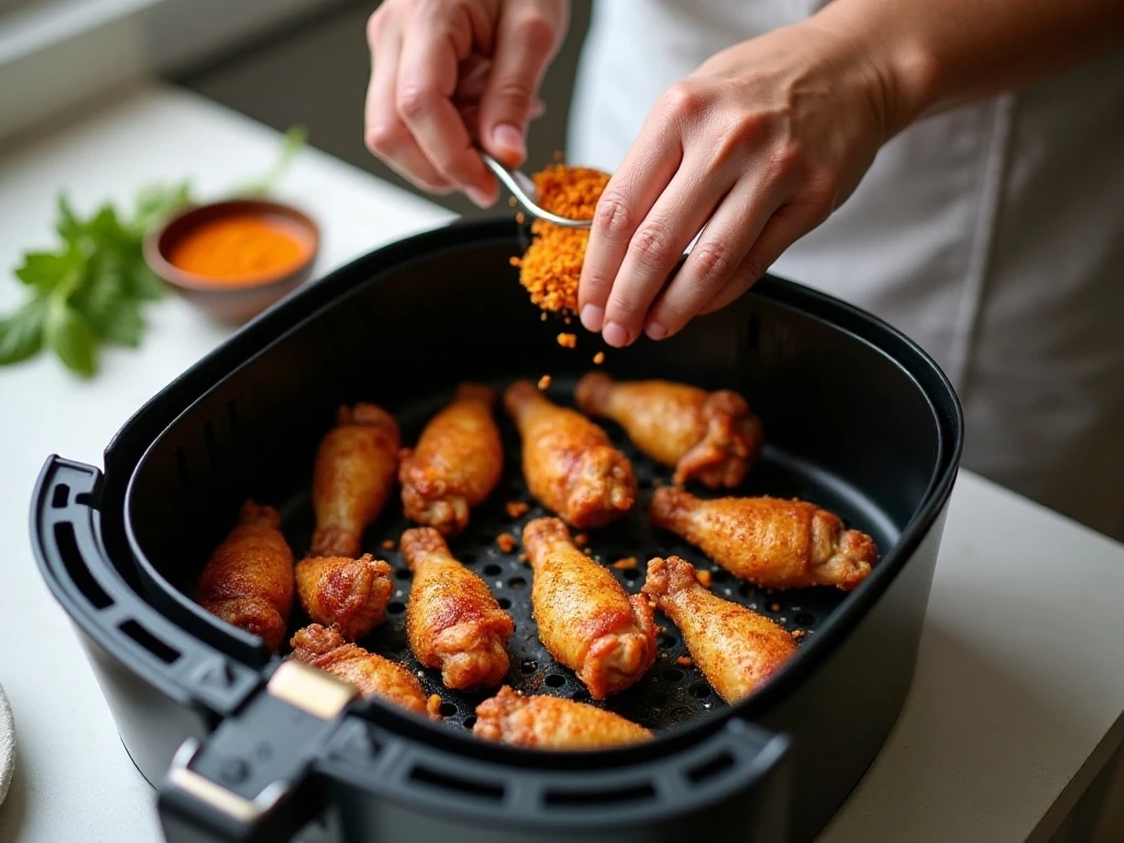 Seasoned chicken wings arranged in an air fryer basket