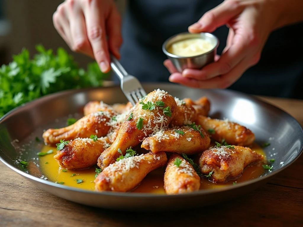 Crisp chicken wings being tossed with garlic Parmesan coating