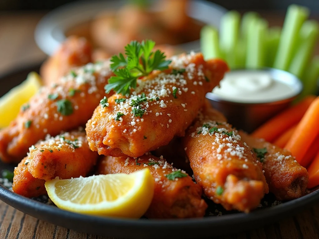 Garlic Parmesan wings served with vegetables, lemon, and dipping sauce