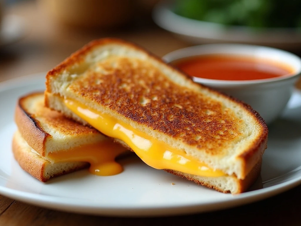 Crispy air fryer grilled cheese sandwich served with tomato soup