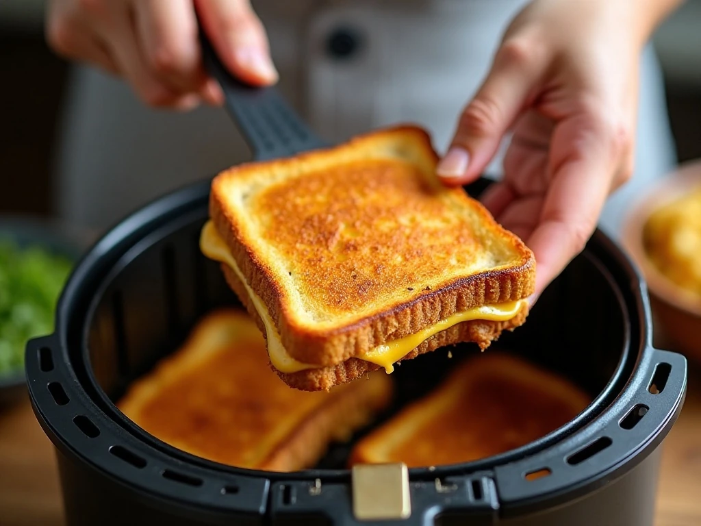 Flipping a golden grilled cheese sandwich in the air fryer