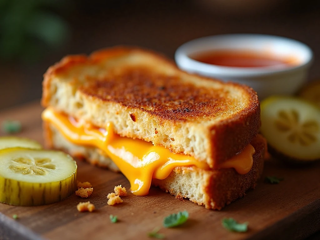 Air fryer grilled cheese sandwich with soup and pickle garnish