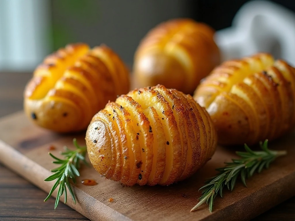 Crispy air fryer Hasselback potatoes arranged on a serving board