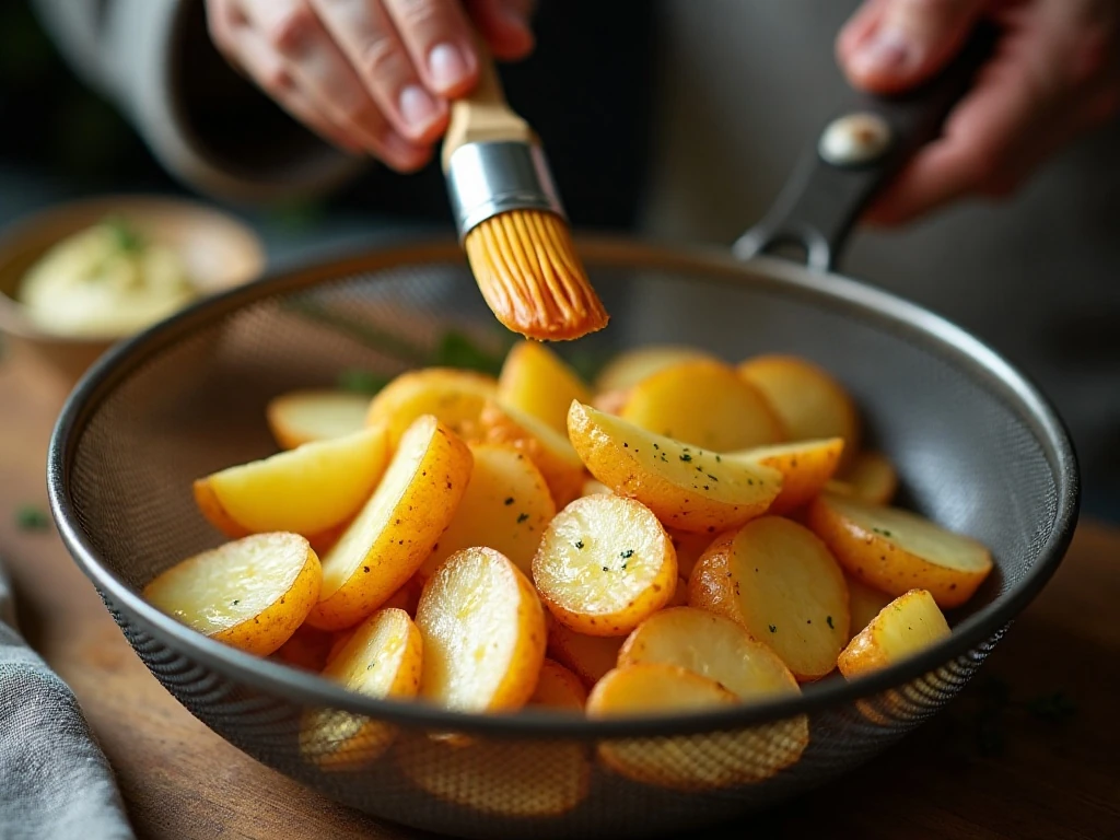 Brushing garlic butter between Hasselback potato slices