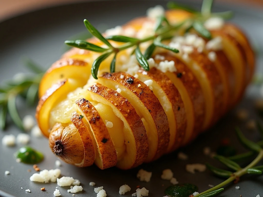 Close-up of Parmesan and rosemary Hasselback potato garnish