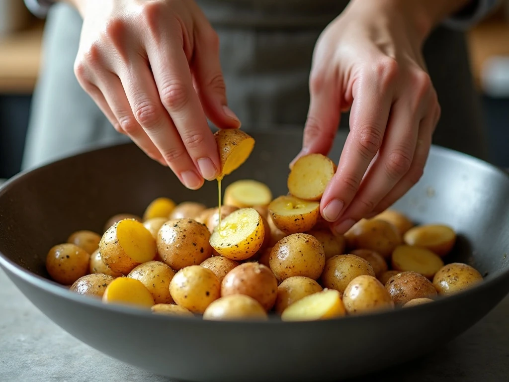 Potatoes being tossed with olive oil and onion seasoning
