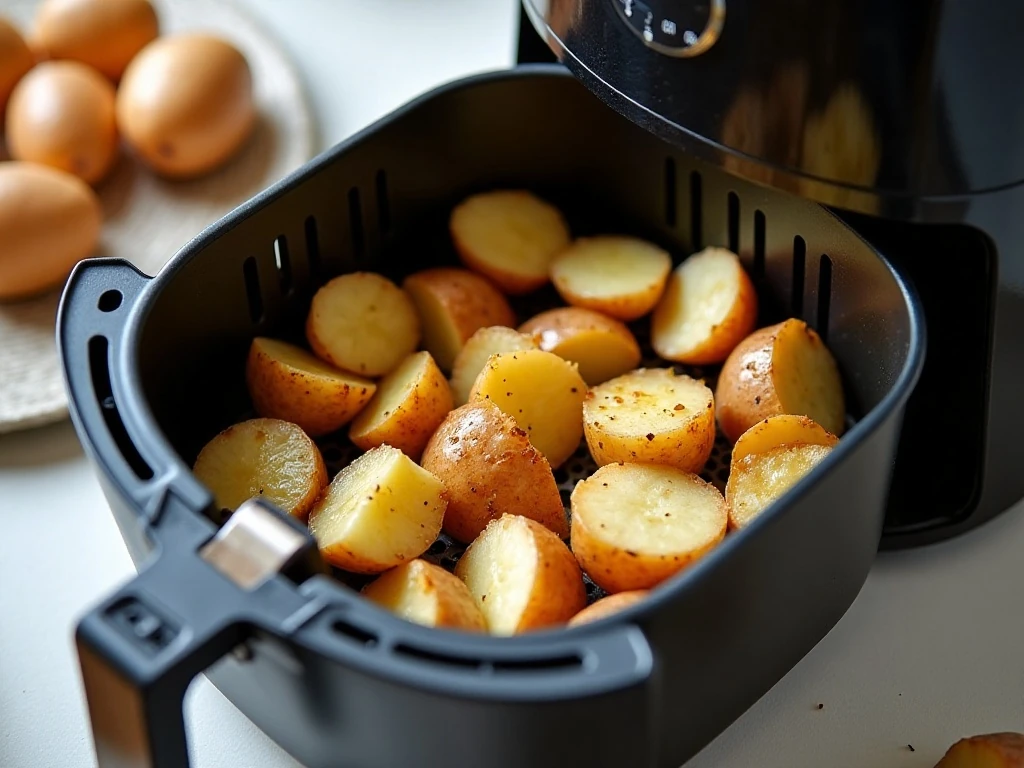 Potatoes arranged in a single layer in an air fryer basket