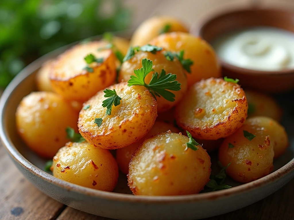 Air fryer onion potatoes garnished with fresh parsley