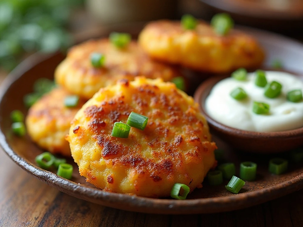 Golden air fryer mashed potato cakes served with sour cream and green onion